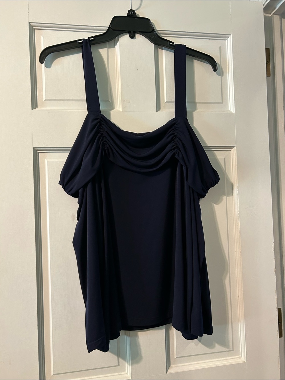 Navy Blue Ruched Cold Shoulder Blouse Top
